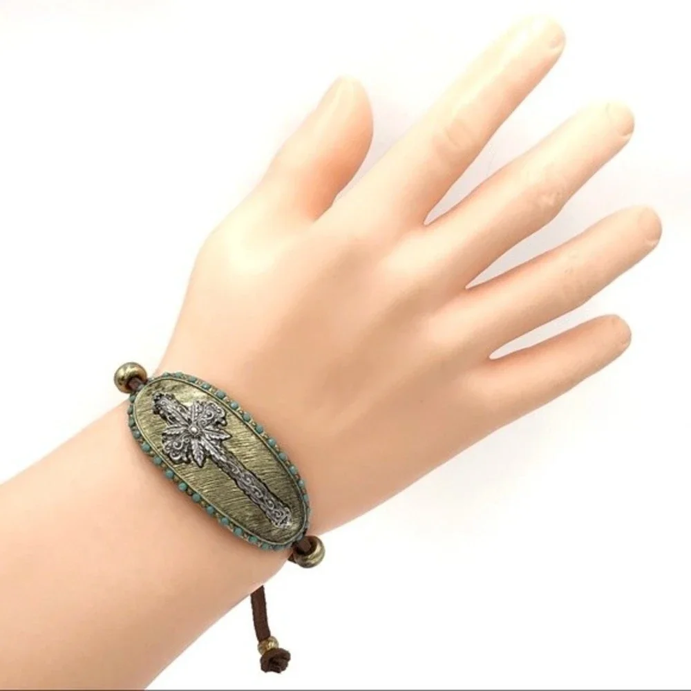 🌼 Western Cross Silver Gold Pull Tie Bracelet